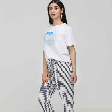 White Printed Tee with Strips Trouser