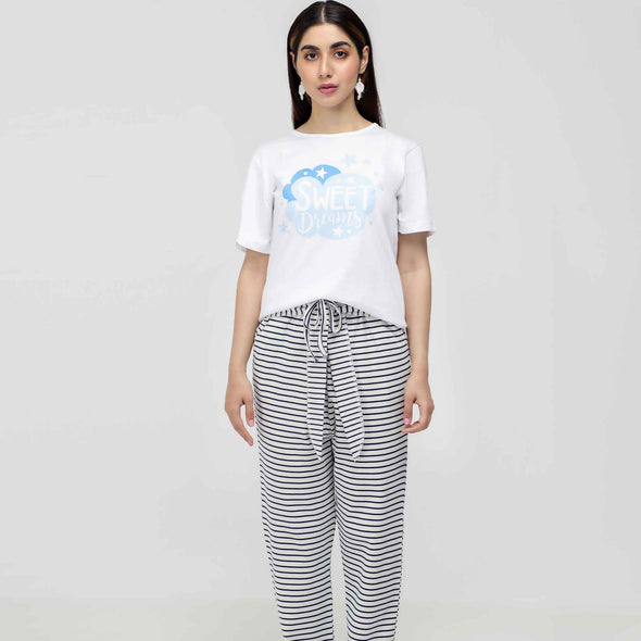 White Printed Tee with Strips Trouser